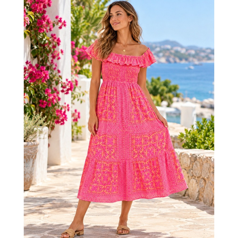 Vineyard Vines Dress Womens Small Pink Orange Smocked Ruffle Midi Cotton Boho